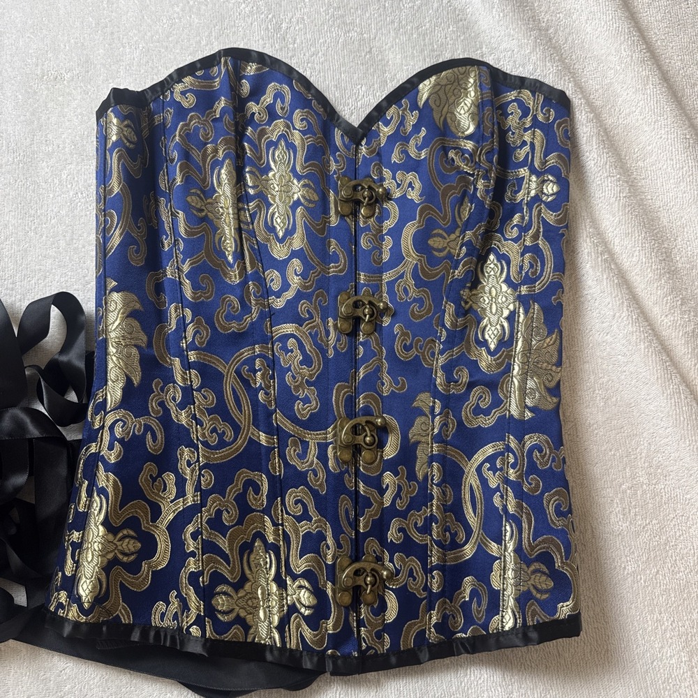 Corset Story UK12 US8 Blue Gold Brocade Overbust Corset Lace Up Goth Steampunk
